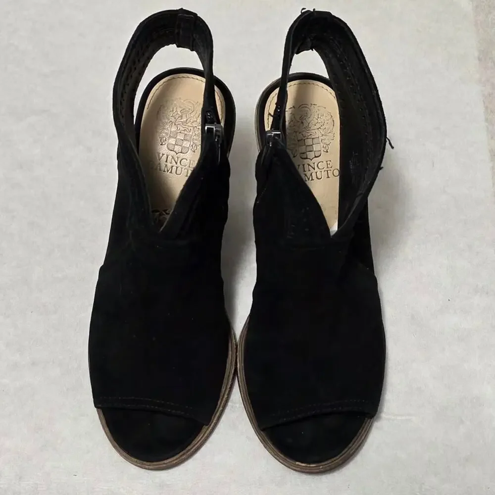 Vince Camuto Koral Black Suede Peep Toe Booties Block Heel Size 7.5